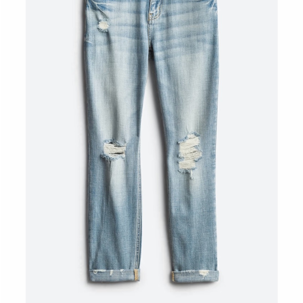 Cosmic Blue Adrianne Boyfriend Denim Jeans distressed light denim cuff bottom